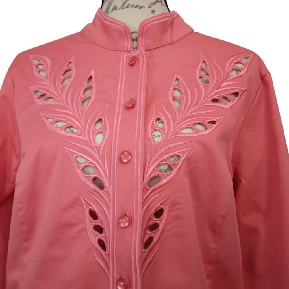 Bob Mackie Wearable Art | Coral Pink Shirt Jacket Embroidered | Size L